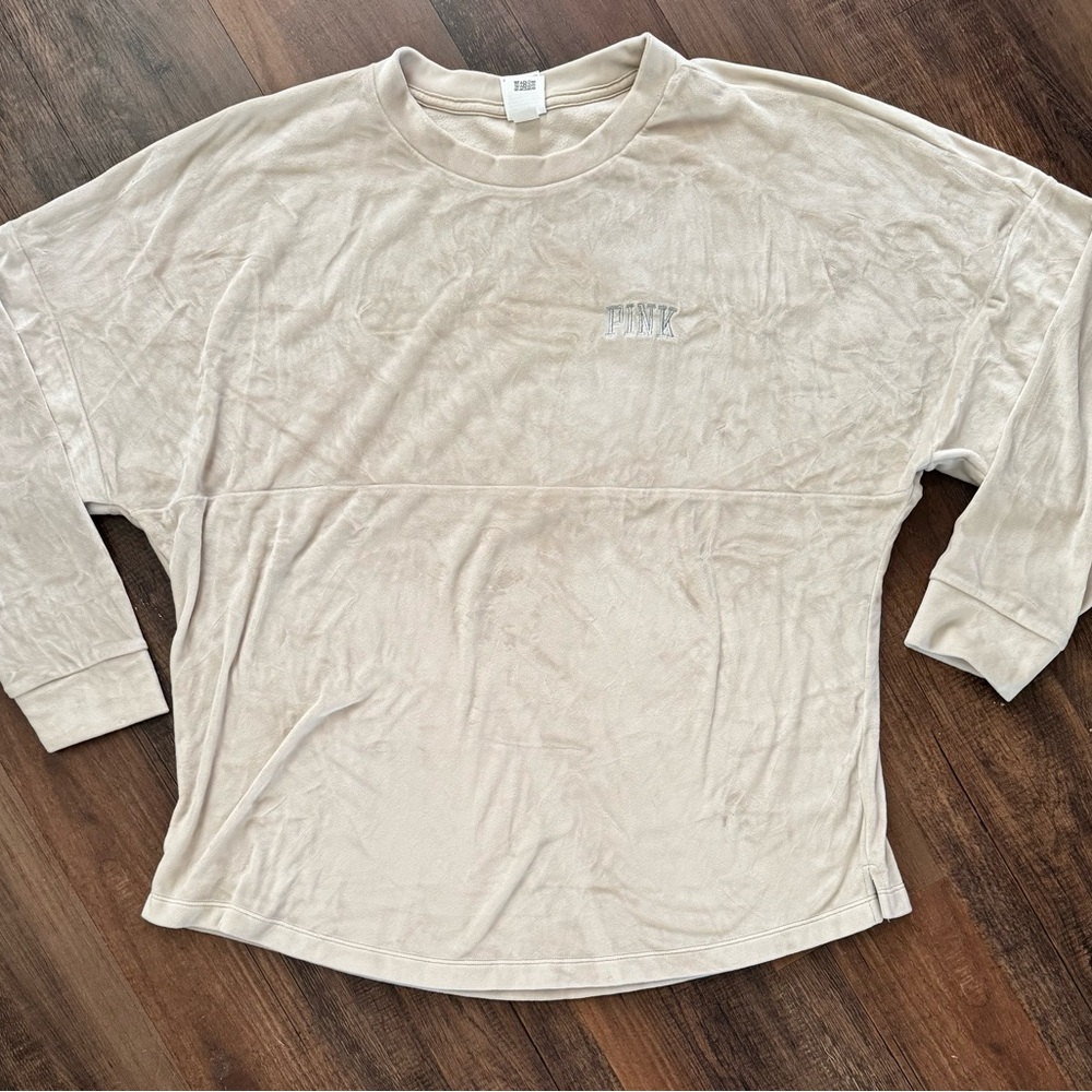 Victoria's Secret PINK Women’s LG Pullover Ivory Shirt SOFT Fleece Long Sleeves